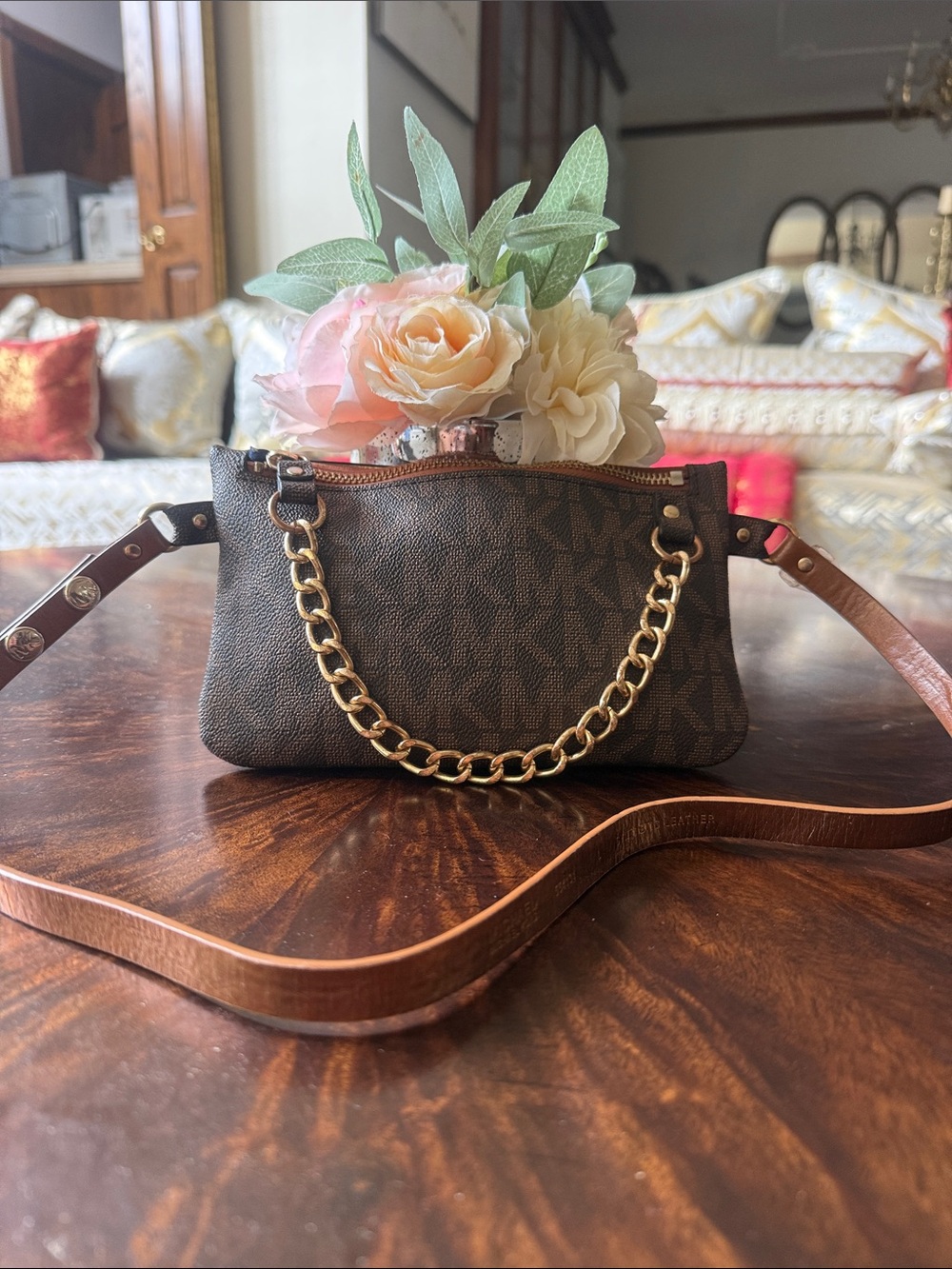 Michael Kors Dark Brown Signature Crossbody with Gold Chain